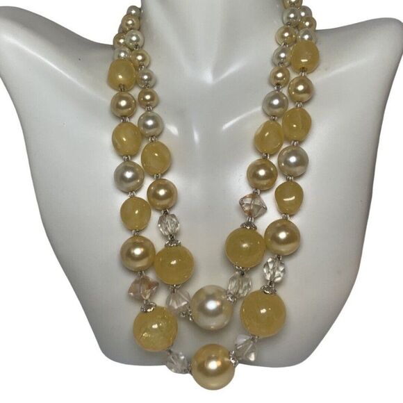 Japan Yellow Crackle Beaded Graduated Faux Pearl 2 Tier Silver Tone Necklace 16” - Picture 4 of 14